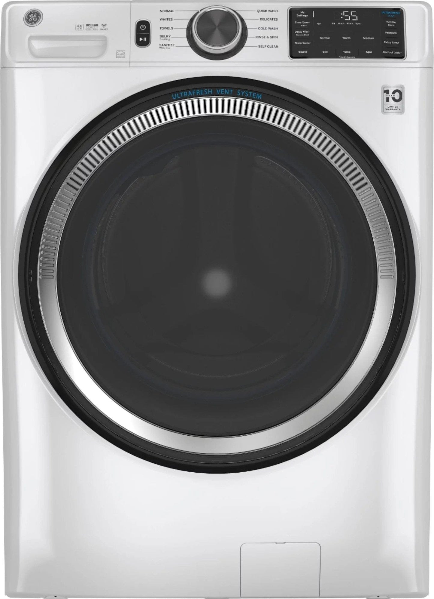 GE – 4.8 CuFt High-Efficiency Stackable Smart Front Load Washer w/UltraFresh Vent System & Microban Antimicrobial Technology – White on white image 5