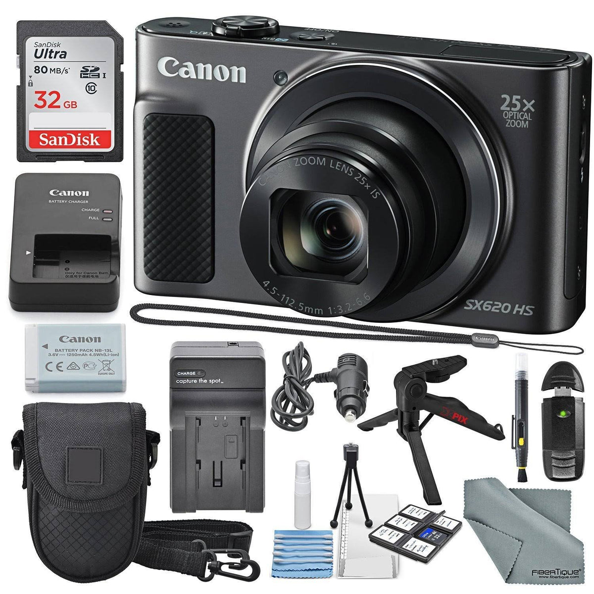 Canon PowerShot SX620 HS Digital Camera Along with 32GB, Deluxe Accessory Bundle and Cleaning Kit, Black image 0