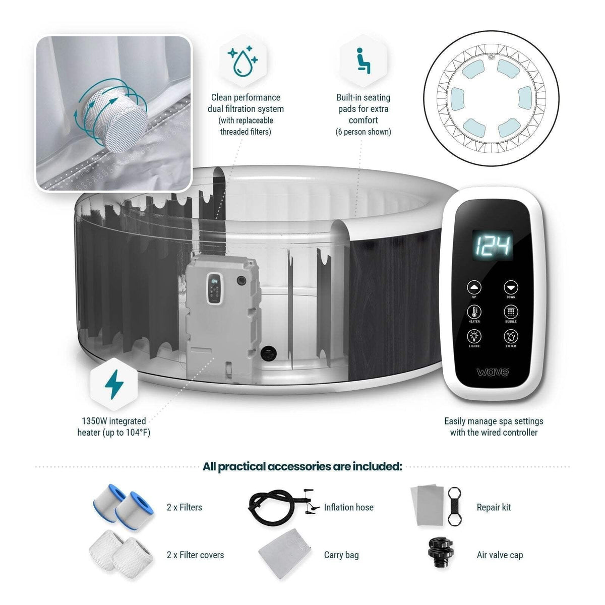 Wave Atlantic 4-Person Round inflatable Hot Tub with integrated Heater and Aquajet Massage System image 9