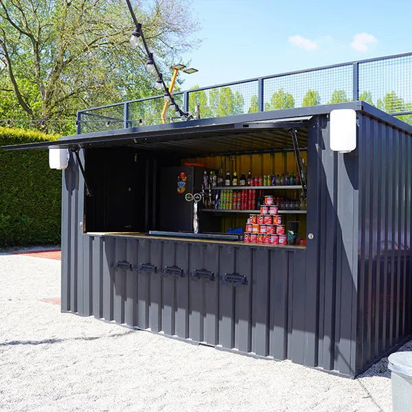 Durable 4×2 XL Meter Shipping Container Bar – Black RAL 9005 with Folding Canopy image 3